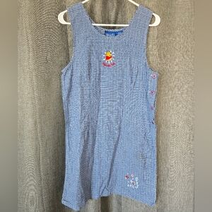Vtg 90s Winnie The Pooh Pinafore Tank Dress L Blue Checkered Disney Embroidered